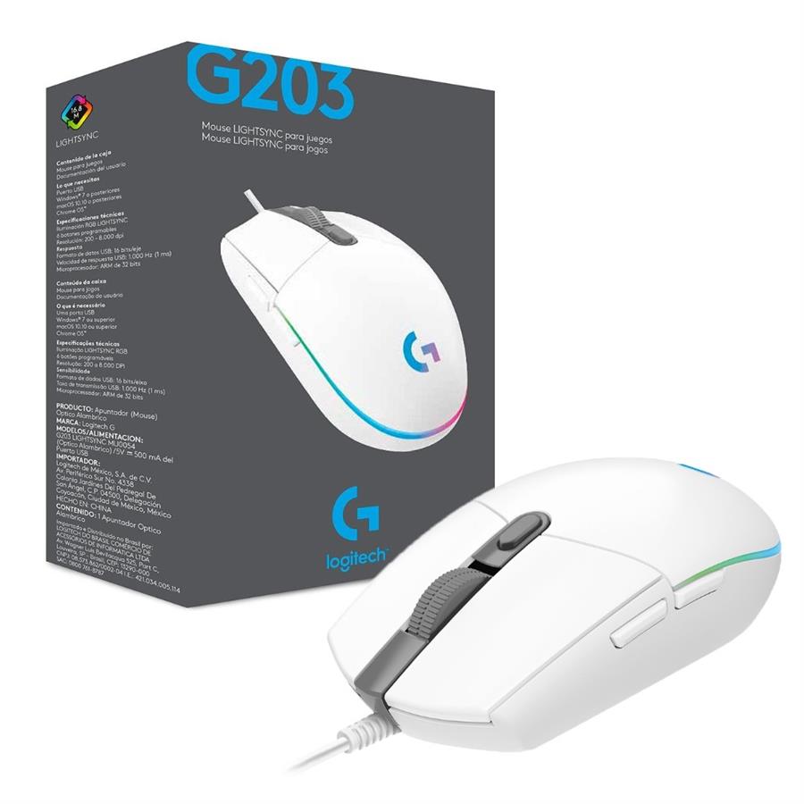 097855155986 4 Mouse Gamer | Logitech G203 LIGHTSYNC White | USB | Blanco | 200-8000 DPI | RGB | 6 Botones - Imagen 4