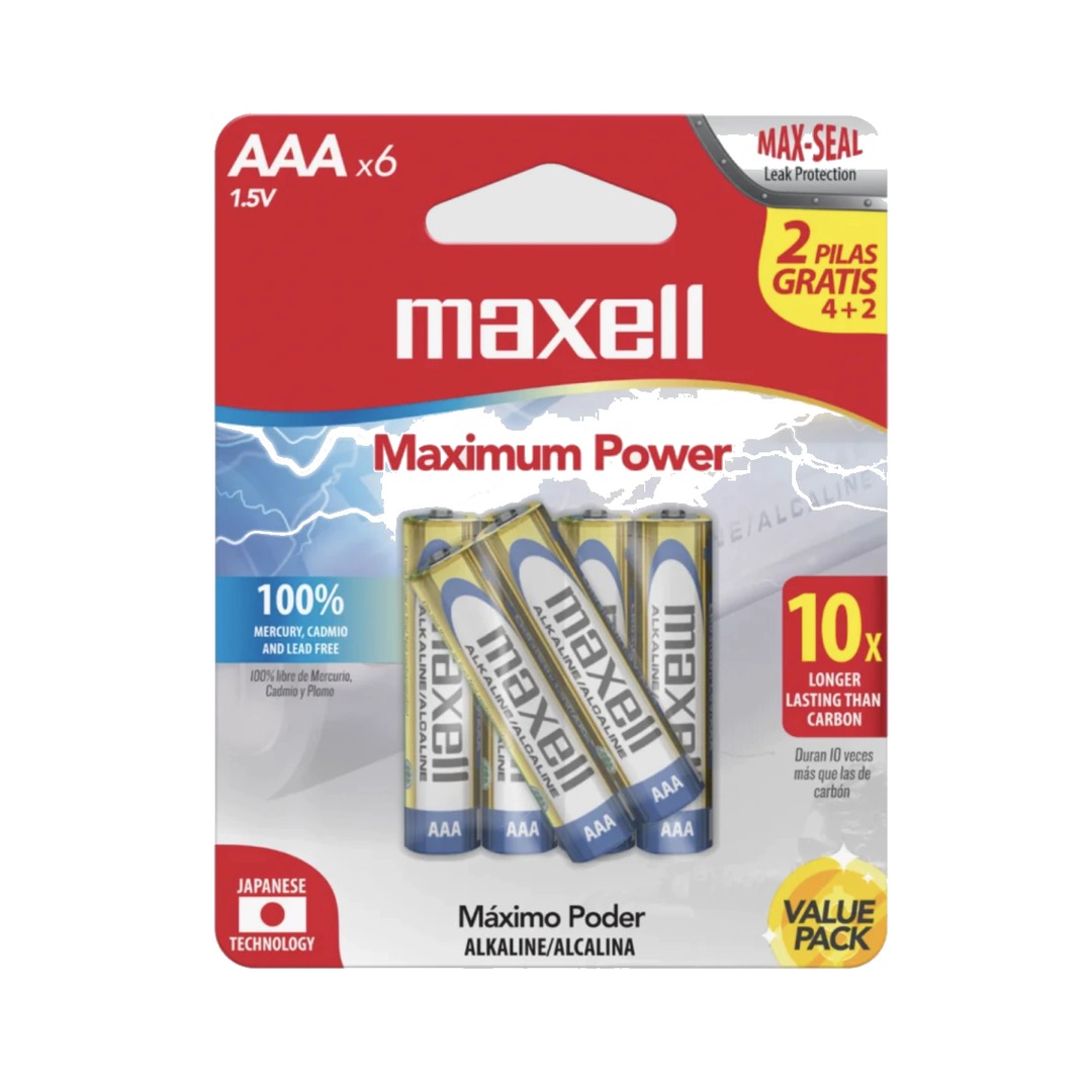 maxell_aaa_whitebg_2_1080 Pilas Maxell Alcalinas AAA (LR03) 1.5V | Blister x6 (4+2) | Leak Resistant