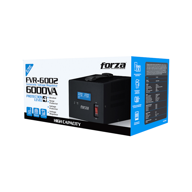 FVR-6002_Box_01 Estabilizador Forza FVR-6002 6000VA 3000W 220V | 3 Tomas NEMA Universal | AVR + LCD + 1200J - Imagen 6