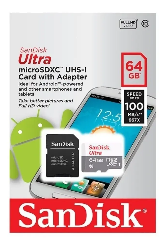 sandisk ultra microsdxc 64gb uhs i u1 v10 100mb/s con adaptador sandisk ultra microsdxc 64gb uhs i u1 v10 100mb/s con adaptador